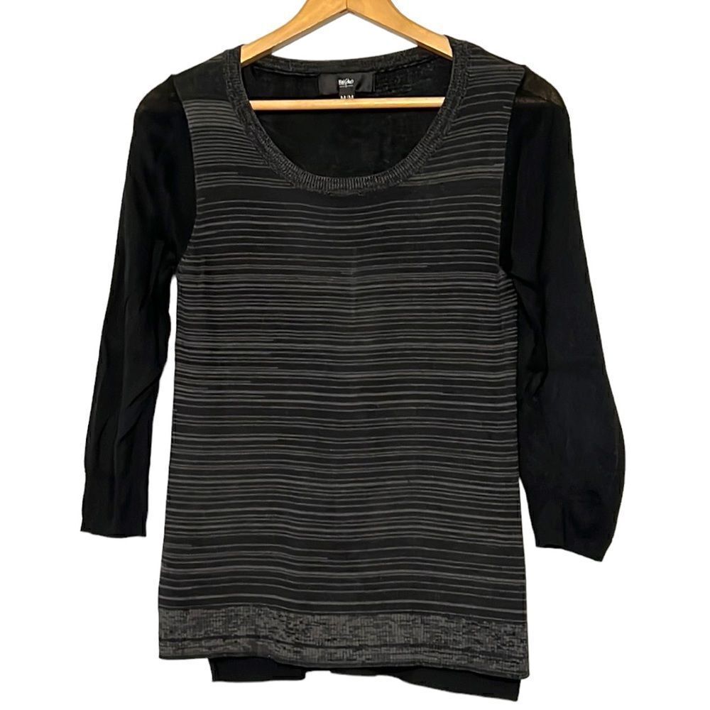 Mossimo Sweater Woman's Medium Black Gray Stripes 3/4 Sleeve Knit Pullover